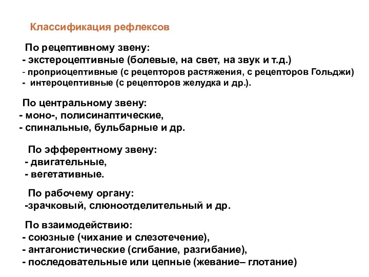 Классификация рефлексов По рецептивному звену: экстероцептивные (болевые, на свет, на звук