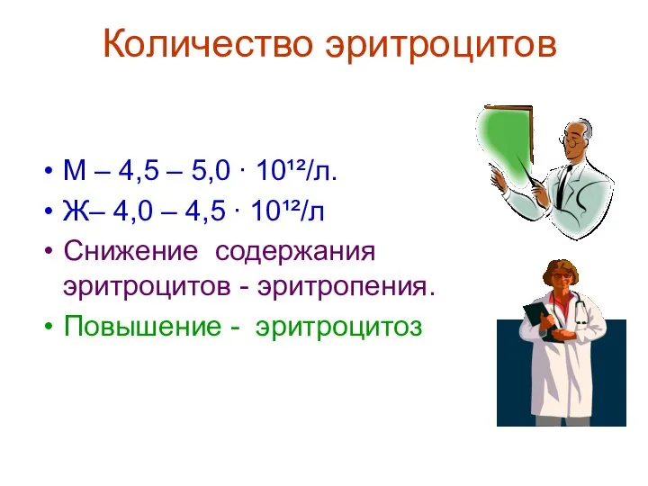 Количество эритроцитов М – 4,5 – 5,0 ∙ 10¹²/л. Ж– 4,0