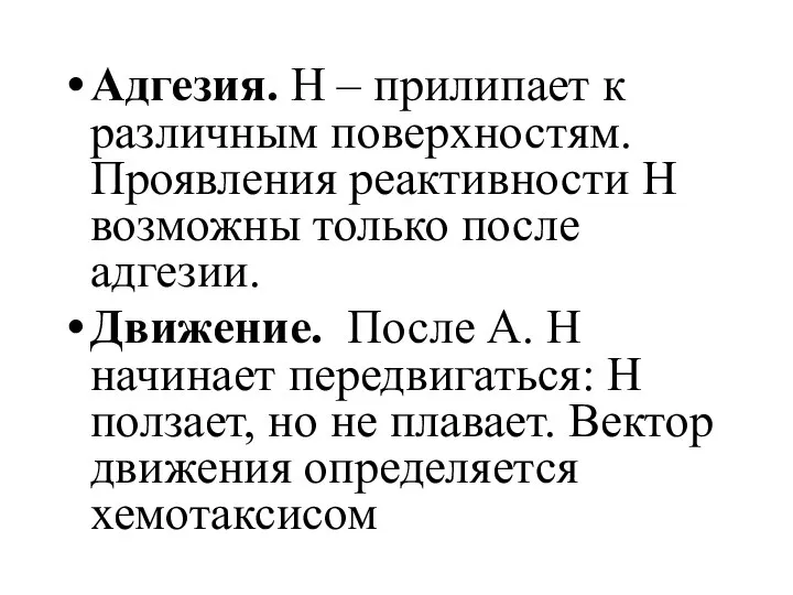 Адгезия. Н – прилипает к различным поверхностям. Проявления реактивности Н возможны