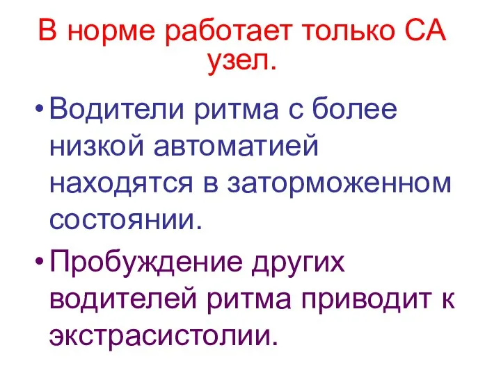 В норме работает только СА узел. Водители ритма с более низкой