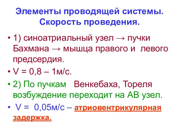 Элементы проводящей системы. Скорость проведения. 1) синоатриальный узел → пучки Бахмана