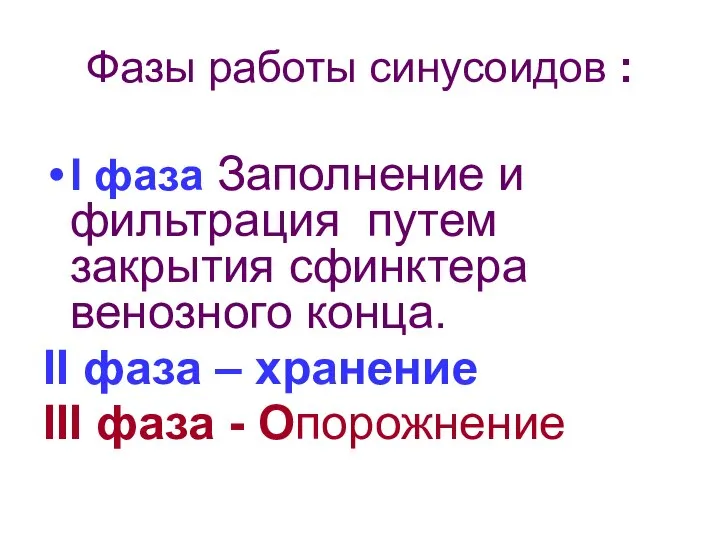 I фаза Заполнение и фильтрация путем закрытия сфинктера венозного конца. II