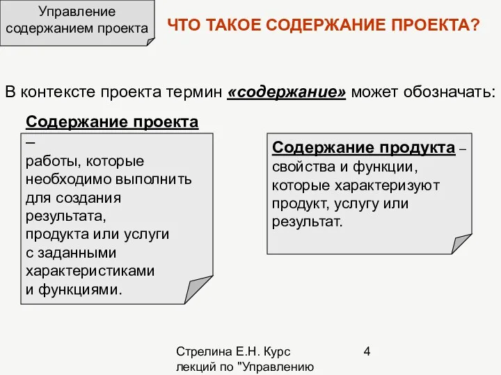 Стрелина Е.Н. Курс лекций по "Управлению проектами" Управление содержанием проекта ЧТО