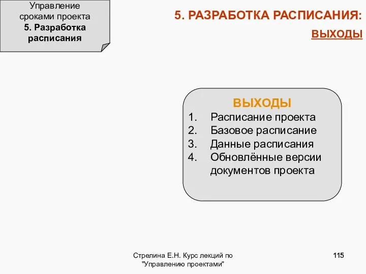 Стрелина Е.Н. Курс лекций по "Управлению проектами" 5. РАЗРАБОТКА РАСПИСАНИЯ: ВЫХОДЫ