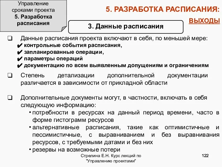 Стрелина Е.Н. Курс лекций по "Управлению проектами" 5. РАЗРАБОТКА РАСПИСАНИЯ: ВЫХОДЫ