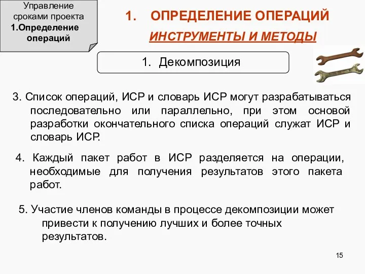 Управление сроками проекта Определение операций ОПРЕДЕЛЕНИЕ ОПЕРАЦИЙ ИНСТРУМЕНТЫ И МЕТОДЫ Декомпозиция