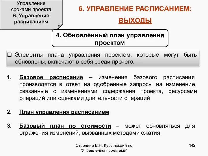 Стрелина Е.Н. Курс лекций по "Управлению проектами" 6. УПРАВЛЕНИЕ РАСПИСАНИЕМ: ВЫХОДЫ