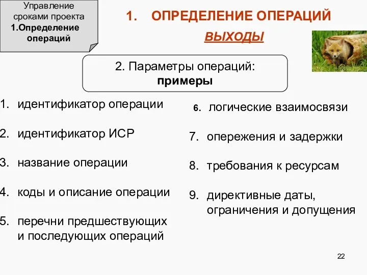 Управление сроками проекта Определение операций ОПРЕДЕЛЕНИЕ ОПЕРАЦИЙ ВЫХОДЫ 2. Параметры операций: