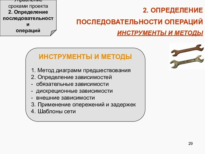 2. ОПРЕДЕЛЕНИЕ ПОСЛЕДОВАТЕЛЬНОСТИ ОПЕРАЦИЙ ИНСТРУМЕНТЫ И МЕТОДЫ Управление сроками проекта 2.