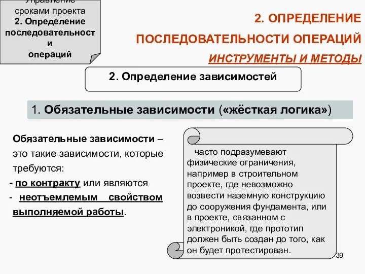 2. ОПРЕДЕЛЕНИЕ ПОСЛЕДОВАТЕЛЬНОСТИ ОПЕРАЦИЙ ИНСТРУМЕНТЫ И МЕТОДЫ Управление сроками проекта 2.