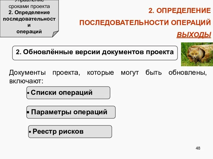 2. ОПРЕДЕЛЕНИЕ ПОСЛЕДОВАТЕЛЬНОСТИ ОПЕРАЦИЙ ВЫХОДЫ Управление сроками проекта 2. Определение последовательности