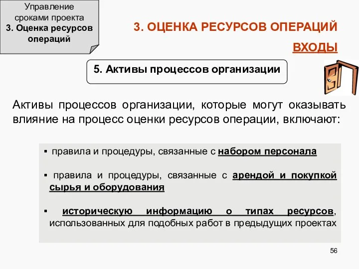 3. ОЦЕНКА РЕСУРСОВ ОПЕРАЦИЙ ВХОДЫ Управление сроками проекта 3. Оценка ресурсов