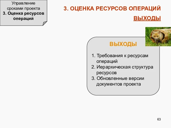 3. ОЦЕНКА РЕСУРСОВ ОПЕРАЦИЙ ВЫХОДЫ Управление сроками проекта 3. Оценка ресурсов