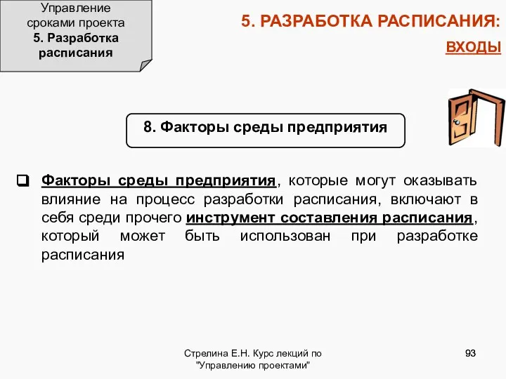 Стрелина Е.Н. Курс лекций по "Управлению проектами" 5. РАЗРАБОТКА РАСПИСАНИЯ: ВХОДЫ