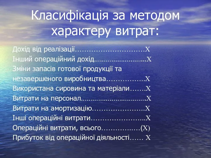 Класифікація за методом характеру витрат: Дохід від реалізації…………………………X Інший операційний дохід……………………...X