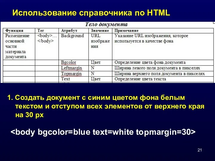 Использование справочника по HTML 1. Создать документ с синим цветом фона