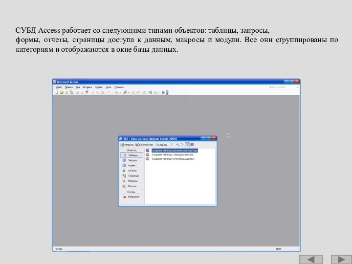 СУБД Access работает со следующими типами объектов: таблицы, запросы, формы, отчеты,