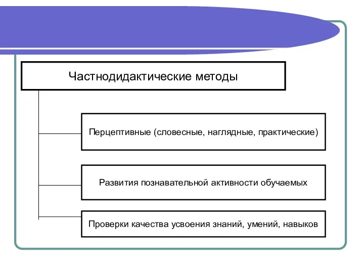 Частнодидактические методы Развития познавательной активности обучаемых Проверки качества усвоения знаний, умений, навыков Перцептивные (словесные, наглядные, практические)