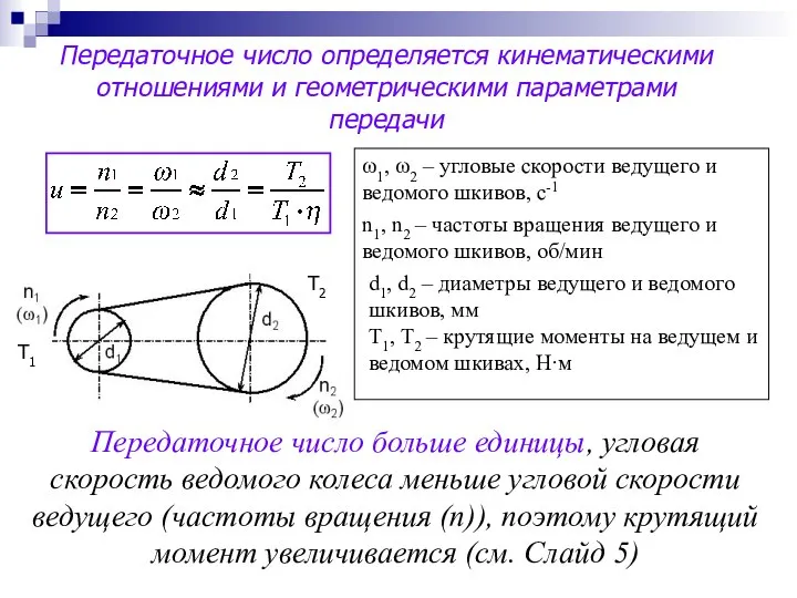 Передаточное число определяется кинематическими отношениями и геометрическими параметрами передачи Передаточное число