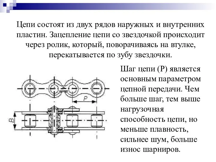 Цепи состоят из двух рядов наружных и внутренних пластин. Зацепление цепи