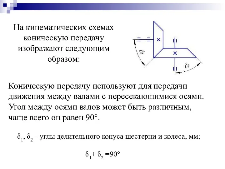 Коническую передачу используют для передачи движения между валами с пересекающимися осями.