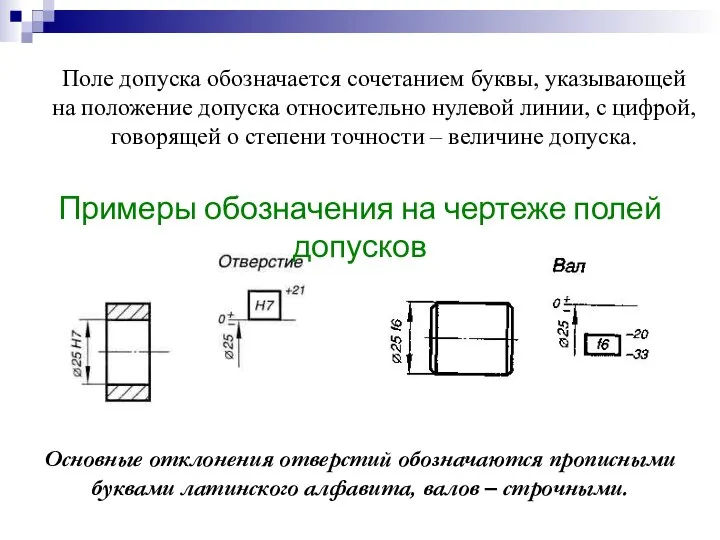 Поле допуска обозначается сочетанием буквы, указывающей на положение допуска относительно нулевой