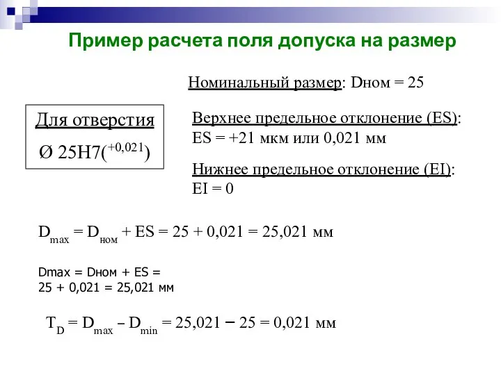 Пример расчета поля допуска на размер Для отверстия Ø 25Н7(+0,021) Номинальный