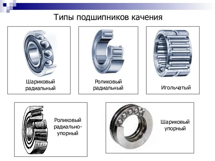 Шариковый радиальный Роликовый радиальный Игольчатый Роликовый радиально-упорный Типы подшипников качения