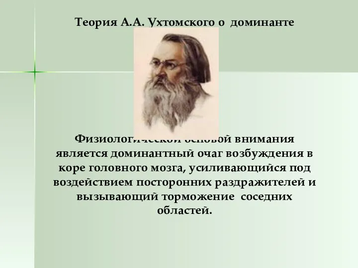 Теория А.А. Ухтомского о доминанте Физиологической основой внимания является доминантный очаг