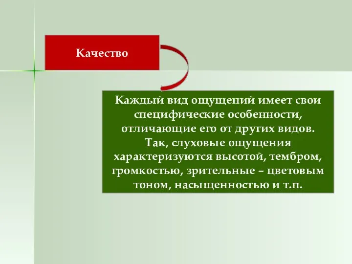 Качество Каждый вид ощущений имеет свои специфические особенности, отличающие его от