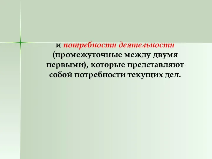 и потребности деятельности (промежуточные между двумя первыми), которые представляют собой потребности текущих дел.