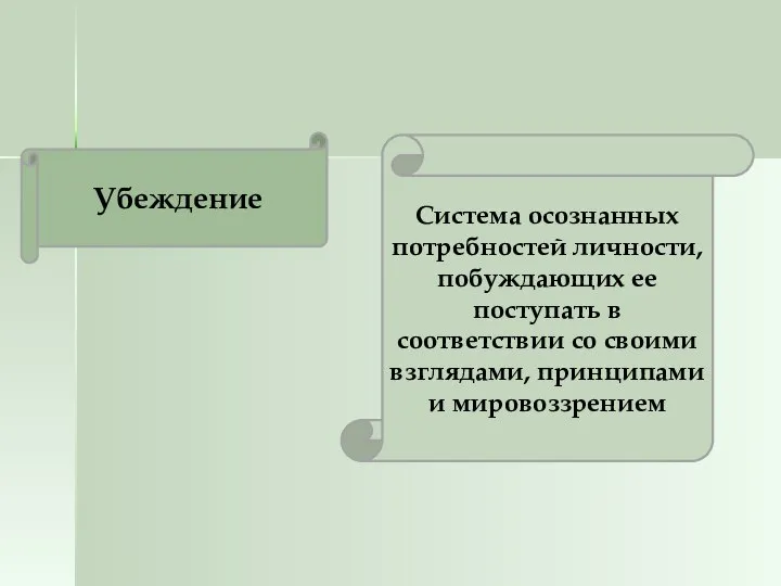 Система осознанных потребностей личности, побуждающих ее поступать в соответствии со своими взглядами, принципами и мировоззрением Убеждение