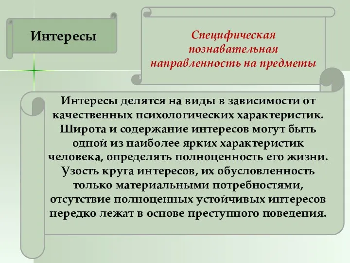 Специфическая познавательная направленность на предметы Интересы Интересы делятся на виды в