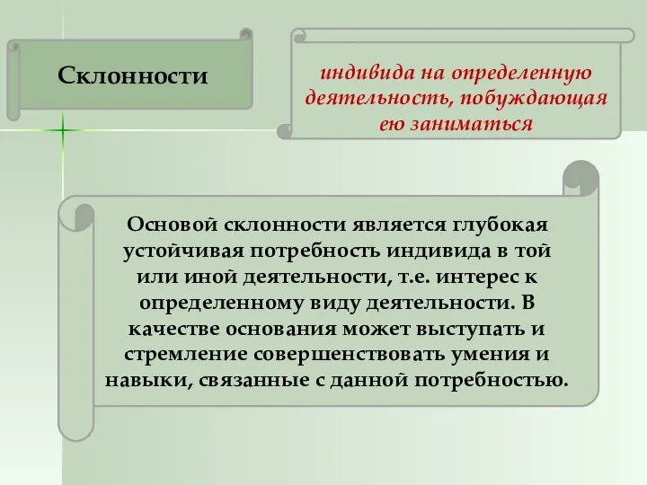 Избирательная направленность индивида на определенную деятельность, побуждающая ею заниматься Склонности Основой