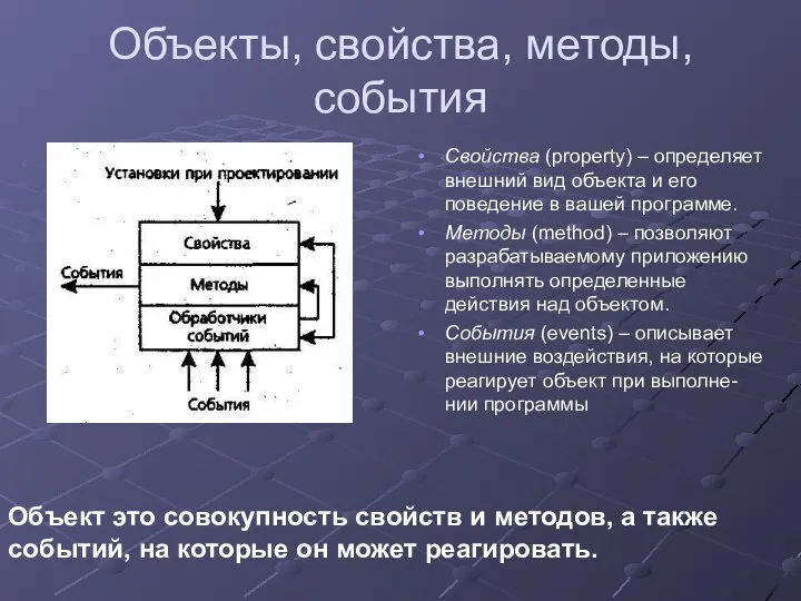 Объекты, свойства, методы, события Свойства (property) – определяет внешний вид объекта