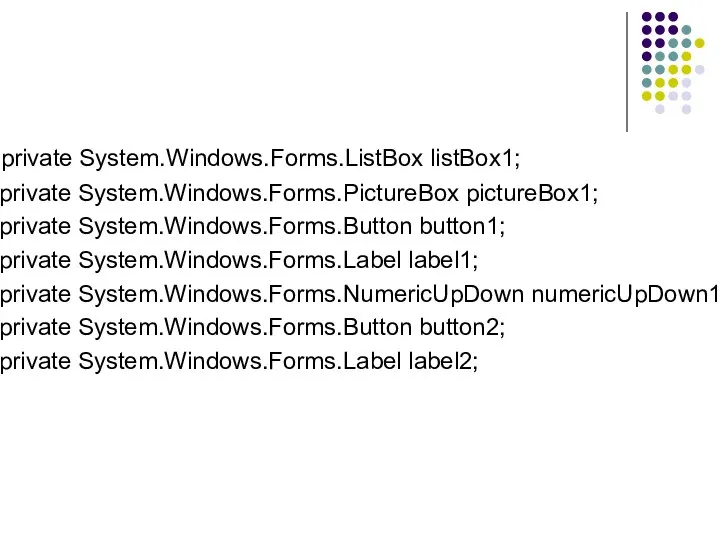 private System.Windows.Forms.ListBox listBox1; private System.Windows.Forms.PictureBox pictureBox1; private System.Windows.Forms.Button button1; private System.Windows.Forms.Label