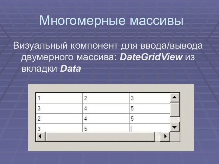 Многомерные массивы Визуальный компонент для ввода/вывода двумерного массива: DateGridView из вкладки Data