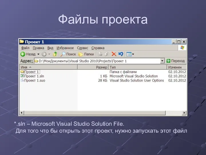 Файлы проекта *.sln – Microsoft Visual Studio Solution File. Для того