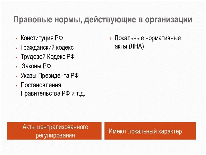 Правовые нормы, действующие в организации Акты централизованного регулирования Имеют локальный характер