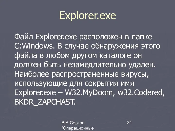 В.А.Серков "Операционные системы" 1 Explorer.exe Файл Explorer.exe расположен в папке C:Windows.