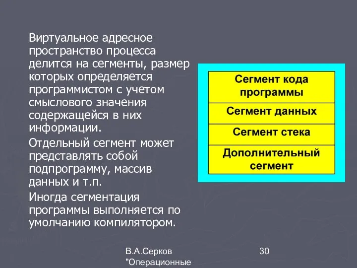 В.А.Серков "Операционные системы" 3 Виртуальное адресное пространство процесса делится на сегменты,