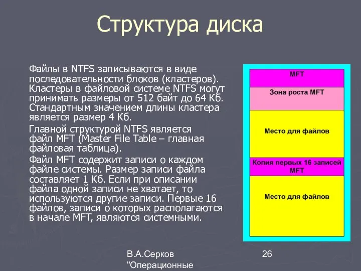 В.А.Серков "Операционные системы" 4 Структура диска Файлы в NTFS записываются в