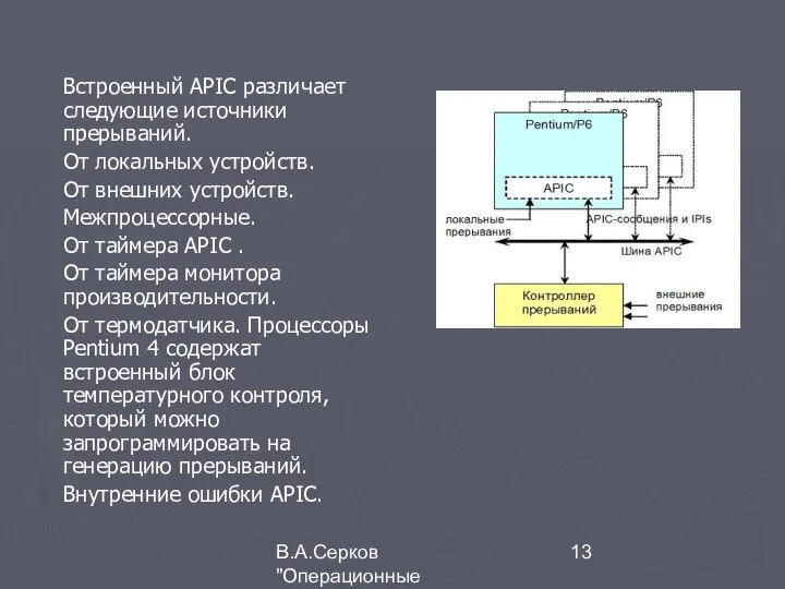 В.А.Серков "Операционные системы" 5 Встроенный APIC различает следующие источники прерываний. От