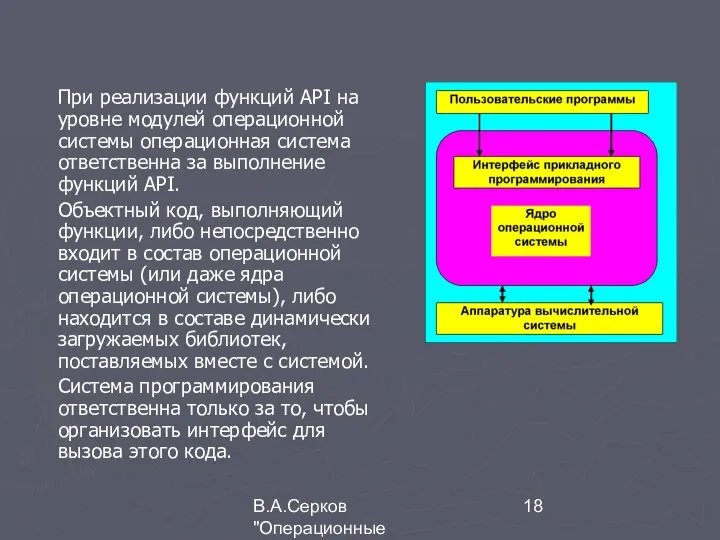 В.А.Серков "Операционные системы" 9 При реализации функций АРI на уровне модулей