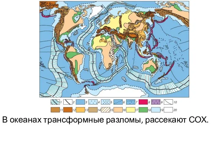 В океанах трансформные разломы, рассекают СОХ.