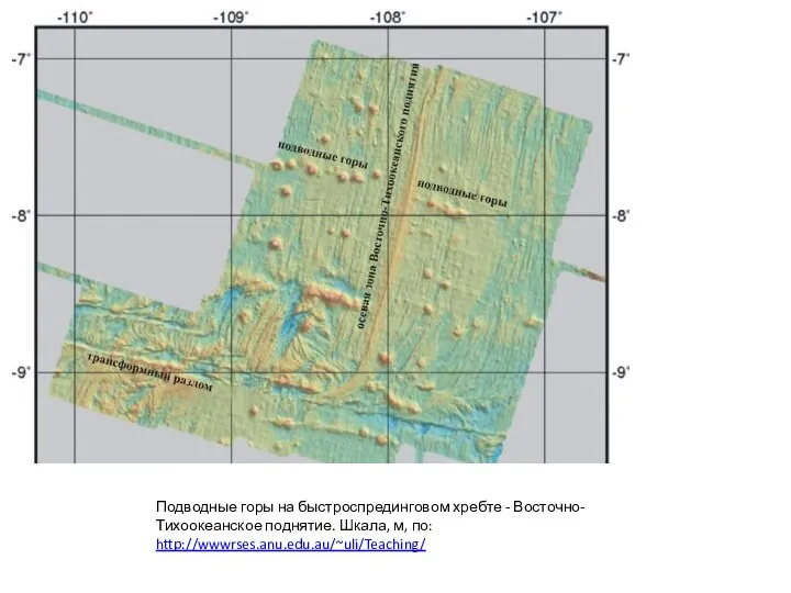 Подводные горы на быстроспрединговом хребте - Восточно-Тихоокеанское поднятие. Шкала, м, по: http://wwwrses.anu.edu.au/~uli/Teaching/
