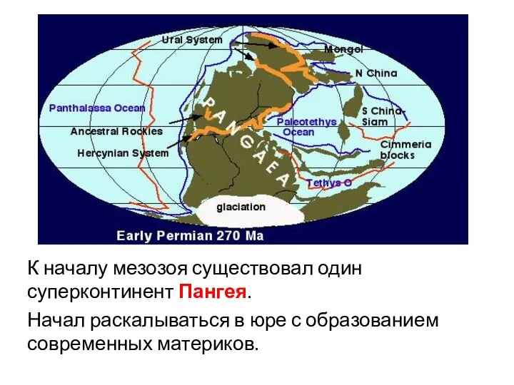 К началу мезозоя существовал один суперконтинент Пангея. Начал раскалываться в юре с образованием современных материков.