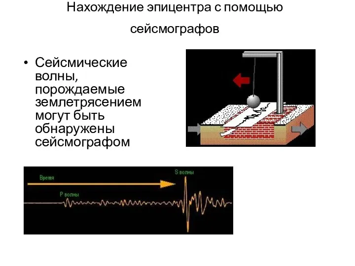 Нахождение эпицентра с помощью сейсмографов Сейсмические волны, порождаемые землетрясением могут быть обнаружены сейсмографом