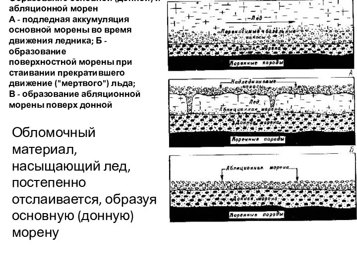 Образование основной (донной) и абляционной морен А - подледная аккумуляция основной