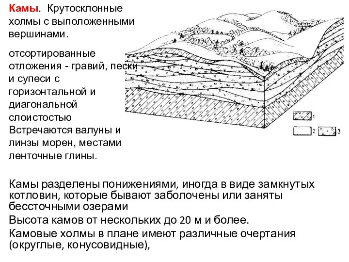 Камы разделены понижениями, иногда в виде замкнутых котловин, которые бывают заболочены